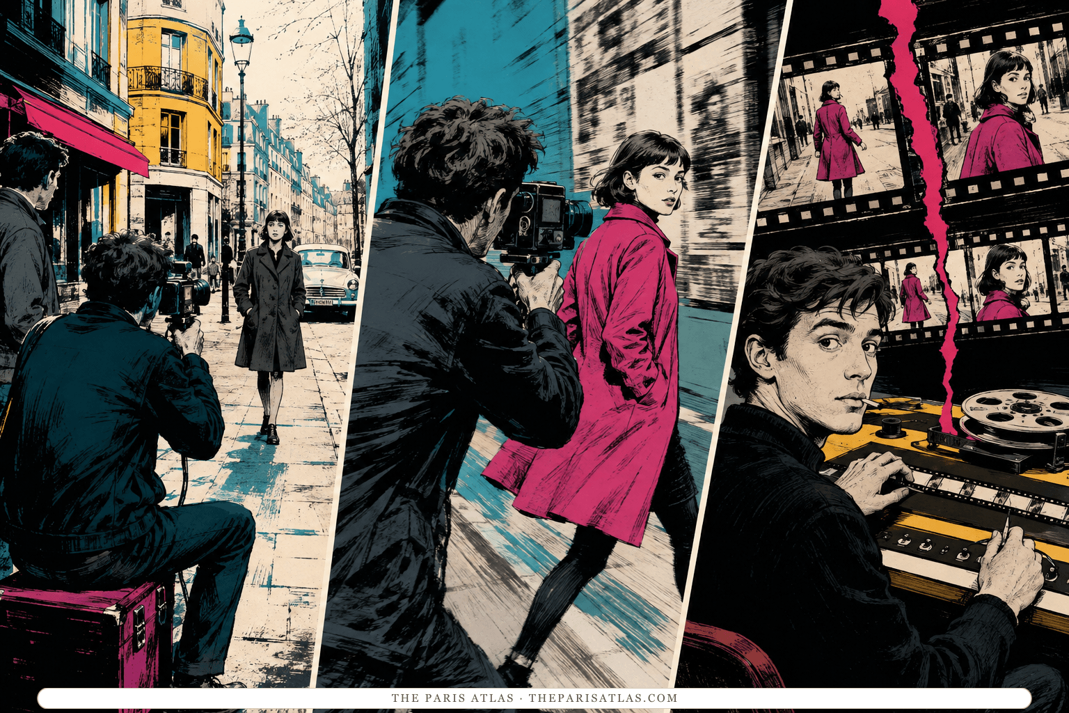 A graphic triptych shows a small street crew, handheld camera movement, and an editing bench with film jumping across a cut