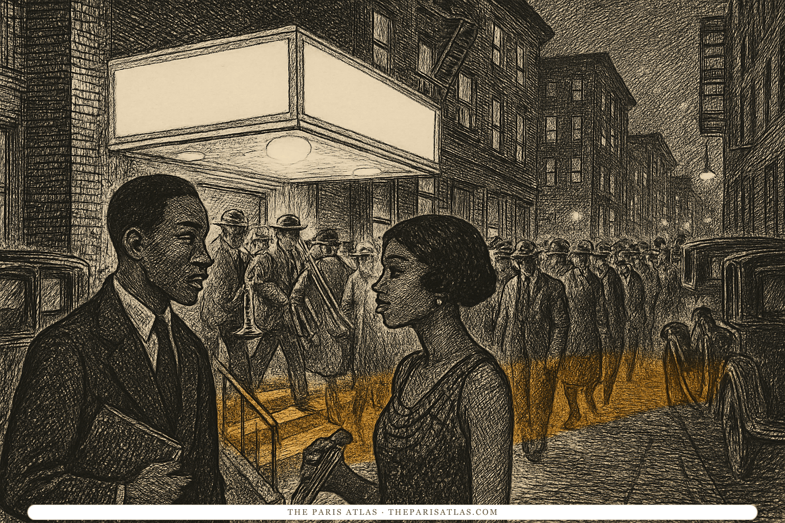 Pen-and-ink illustration of a 1920s Harlem avenue at night: a young Black poet holding a book talks with a woman in a beaded dress while musicians carry a trumpet and trombone into a club under a glowing marquee, the crowd and brownstones behind them swept with one gold brush stroke