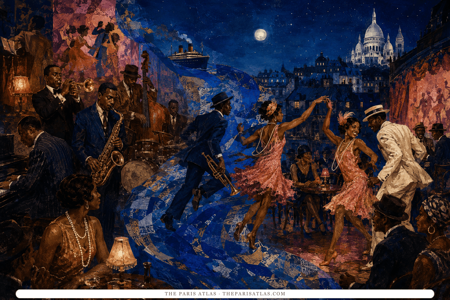 A luminous collage joins a Harlem jazz club to a Montmartre cabaret beneath the Paris night sky