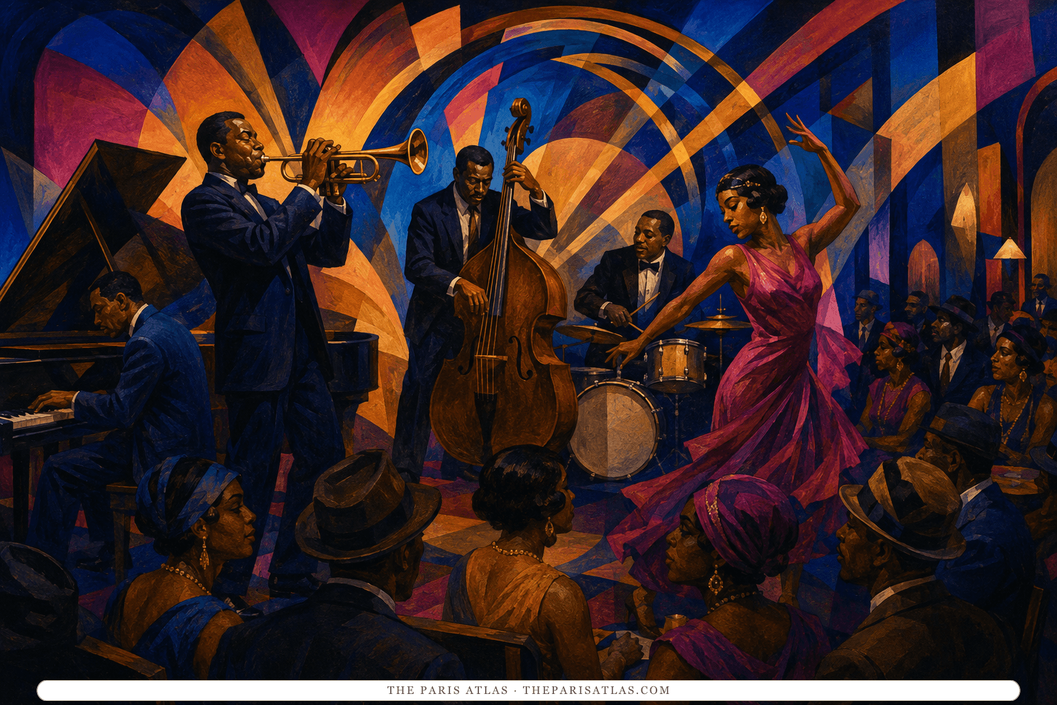 A jazz ensemble and dancer perform in a vivid Art Deco Harlem club before a tightly packed audience