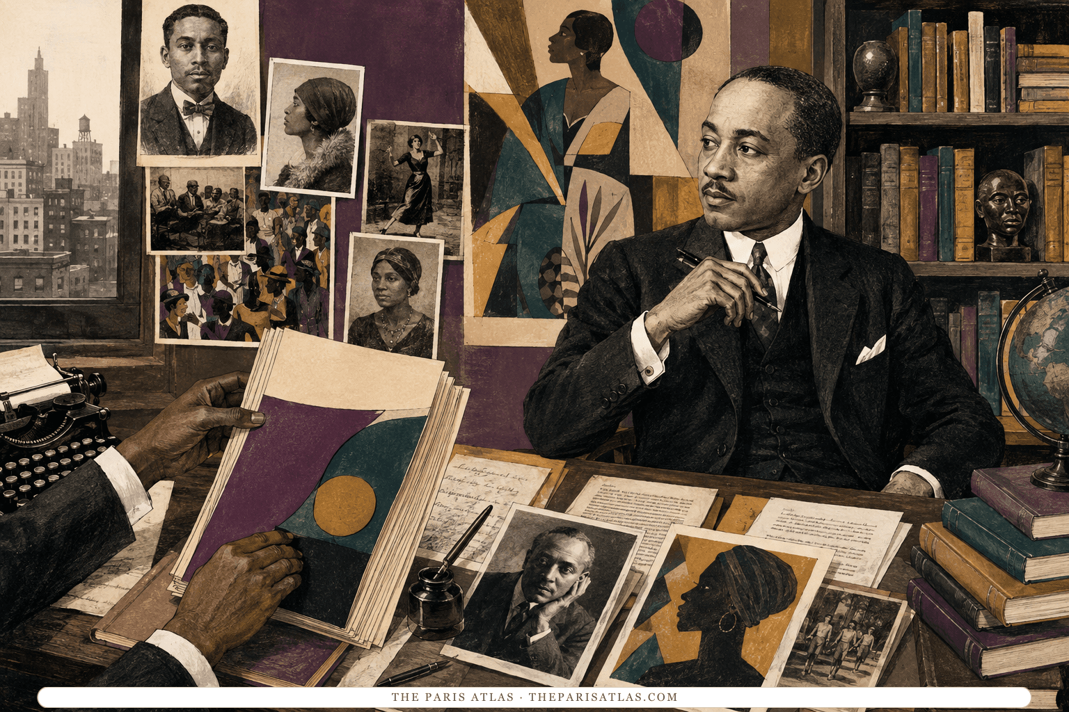 A Black editor at a 1920s desk arranges portrait photographs, art reproductions, and pages into an anthology