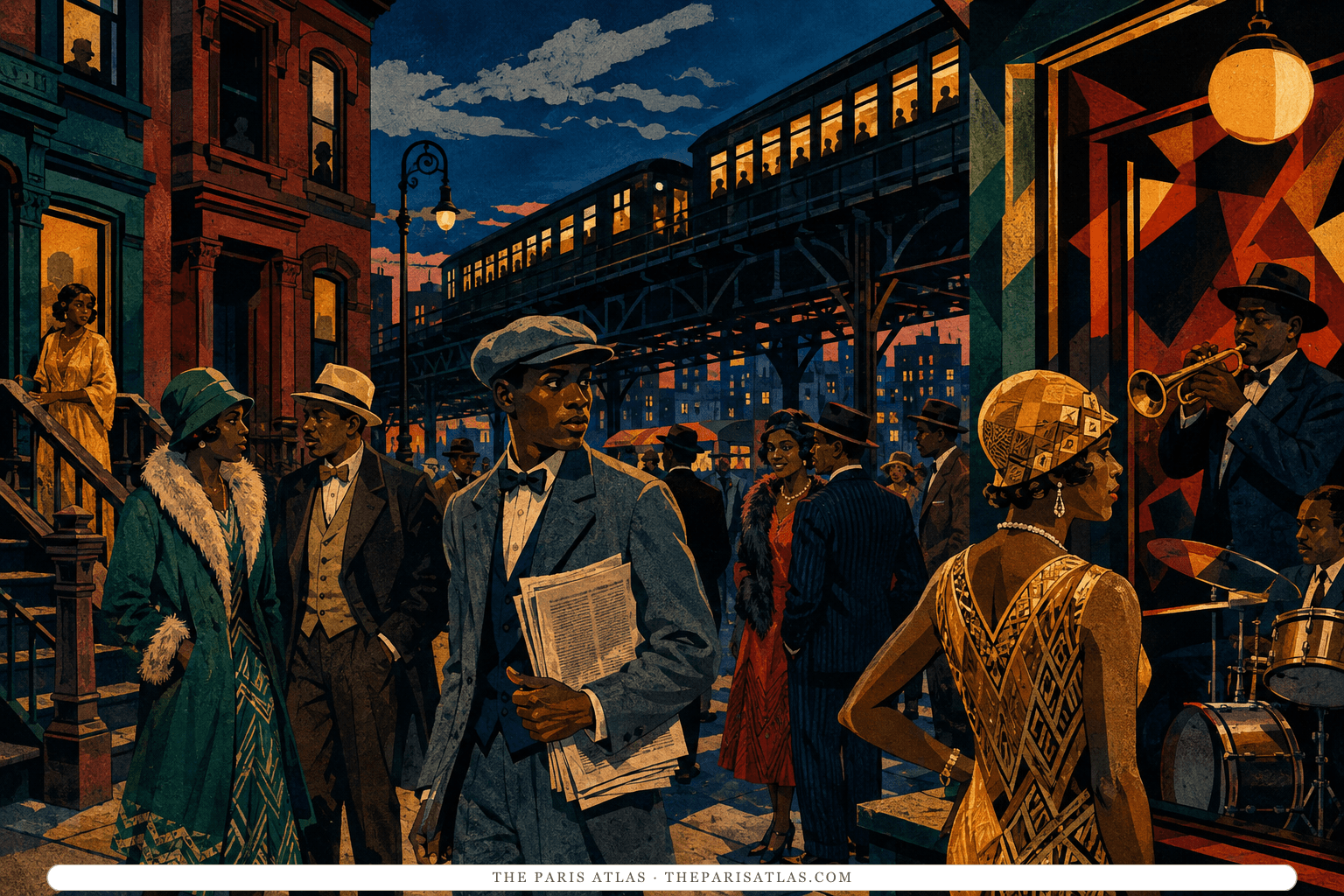 A vibrant 1920s Harlem avenue at night with brownstones, elevated train, musicians, dancers, and a poet carrying papers