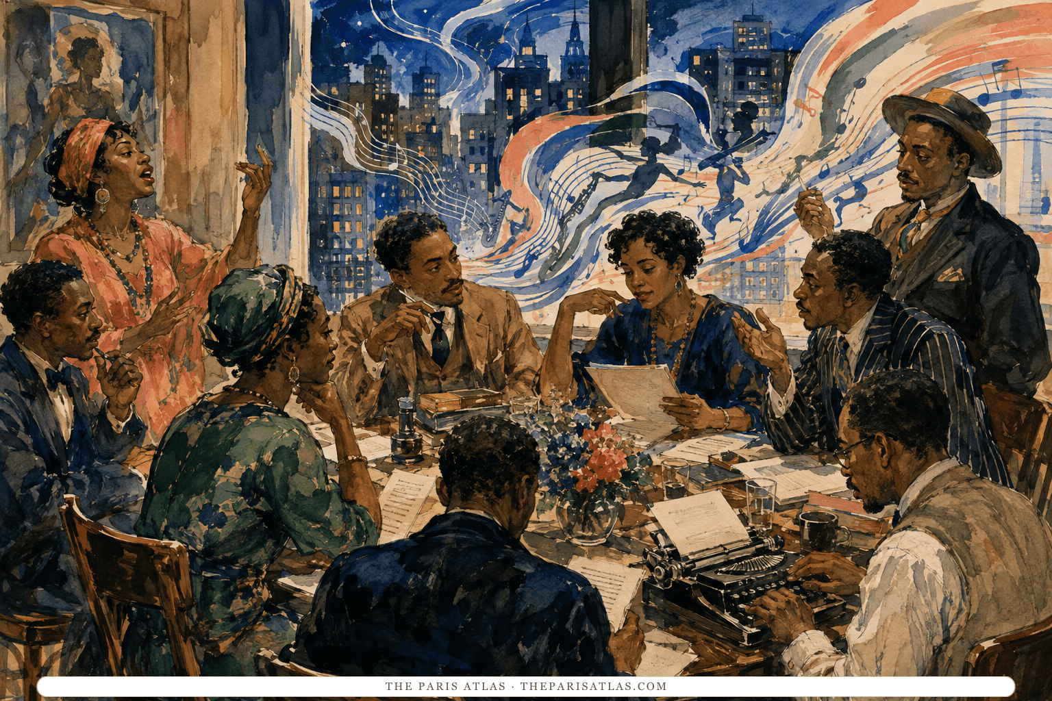 Black writers and editors read drafts and debate around a crowded literary salon table as color sweeps across the wall