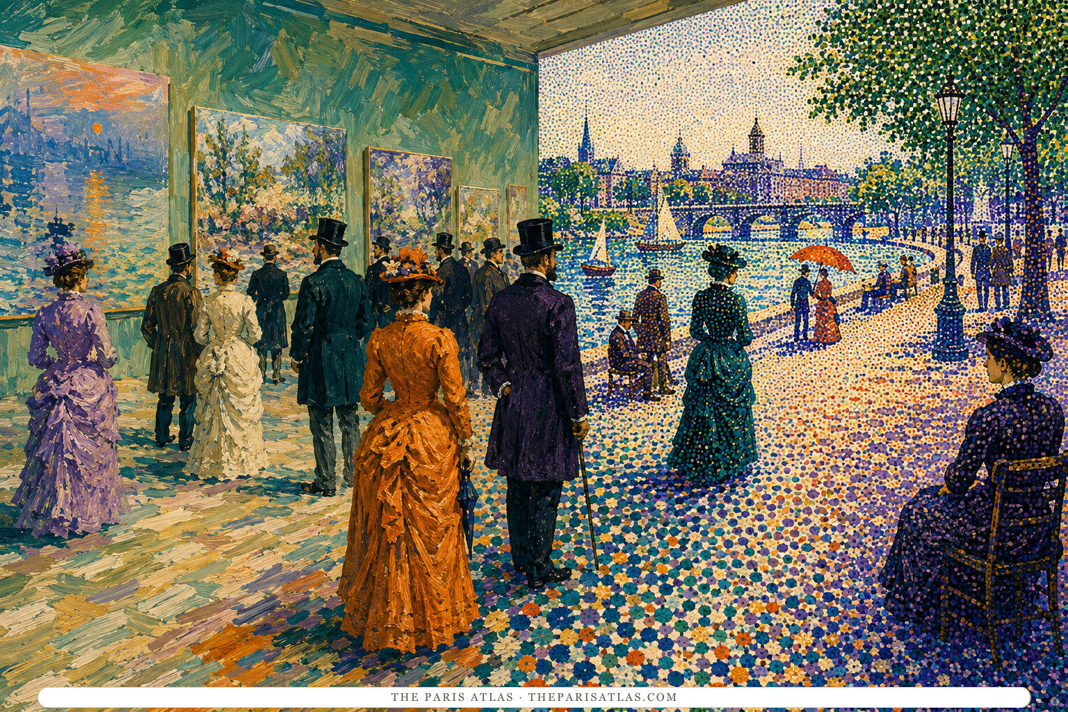 Visitors move from loosely brushed pictures toward a precise dotted riverside canvas as the gallery floor changes from strokes into points