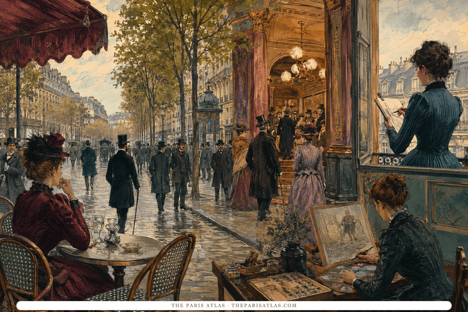 A Paris boulevard, café, theater, and domestic window form connected but unequal spaces for women and men observing modern life
