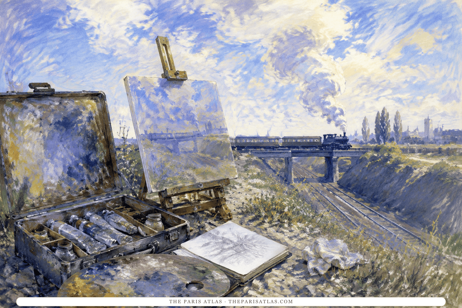 A portable painter's kit, metal paint tubes, easel, and fresh canvas sit beside a railway cutting under changing clouds