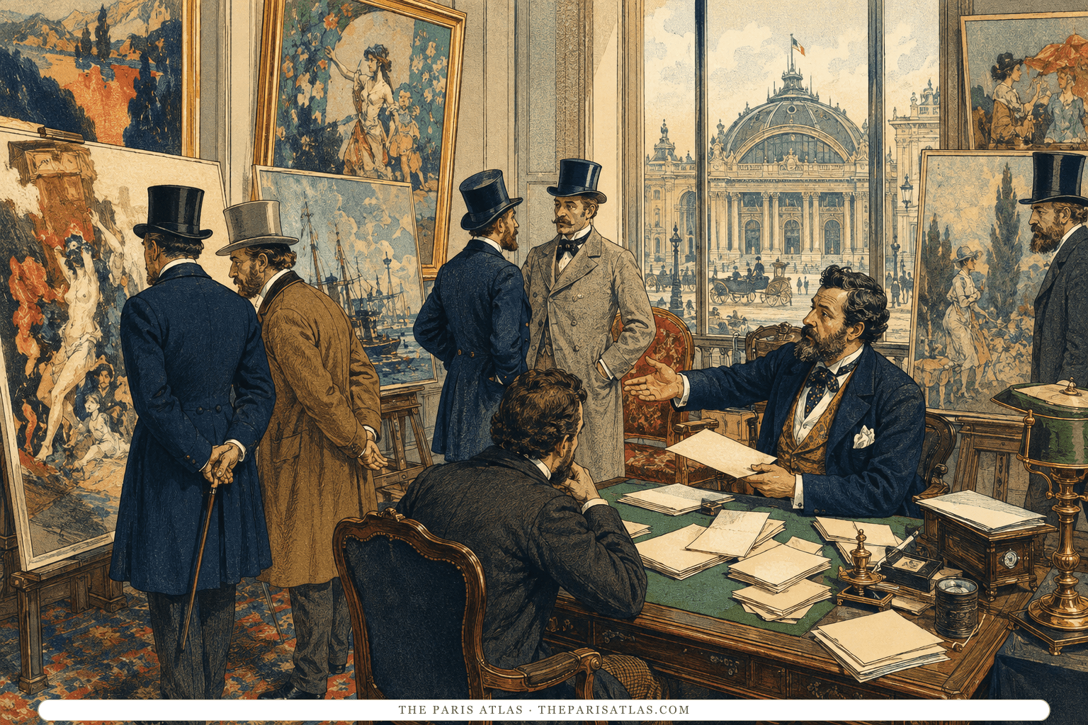 Collectors examine new paintings in a private Paris gallery while a dealer handles blank correspondence at his desk