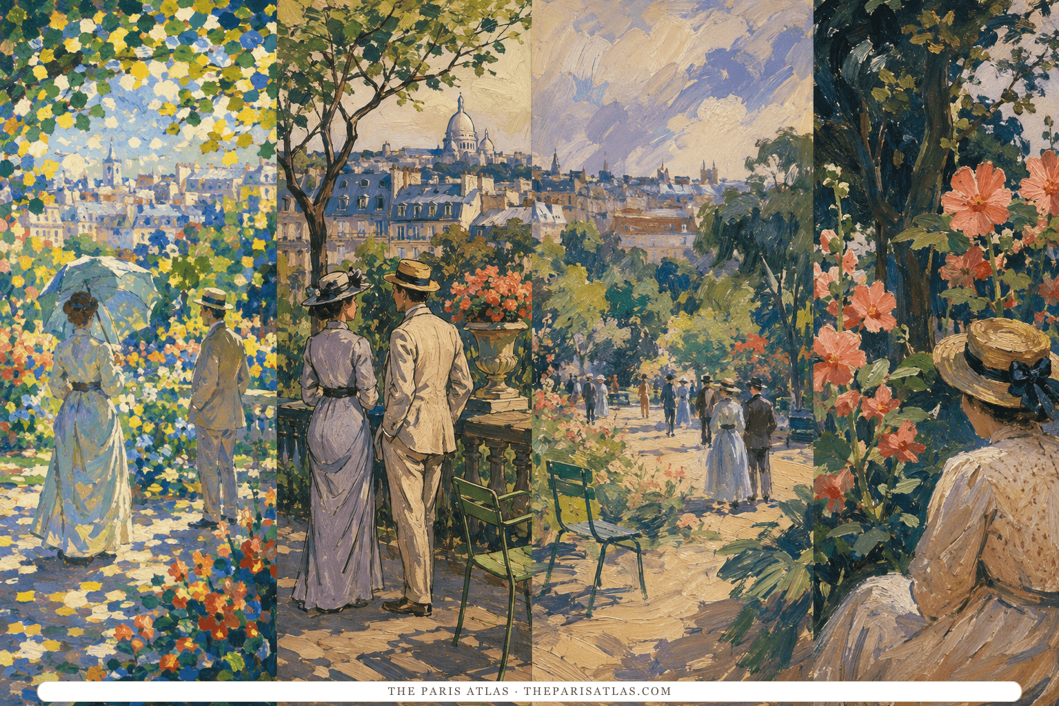 One Paris garden appears through four connected approaches using broken light, firm drawing, atmospheric marks, and cropped observation