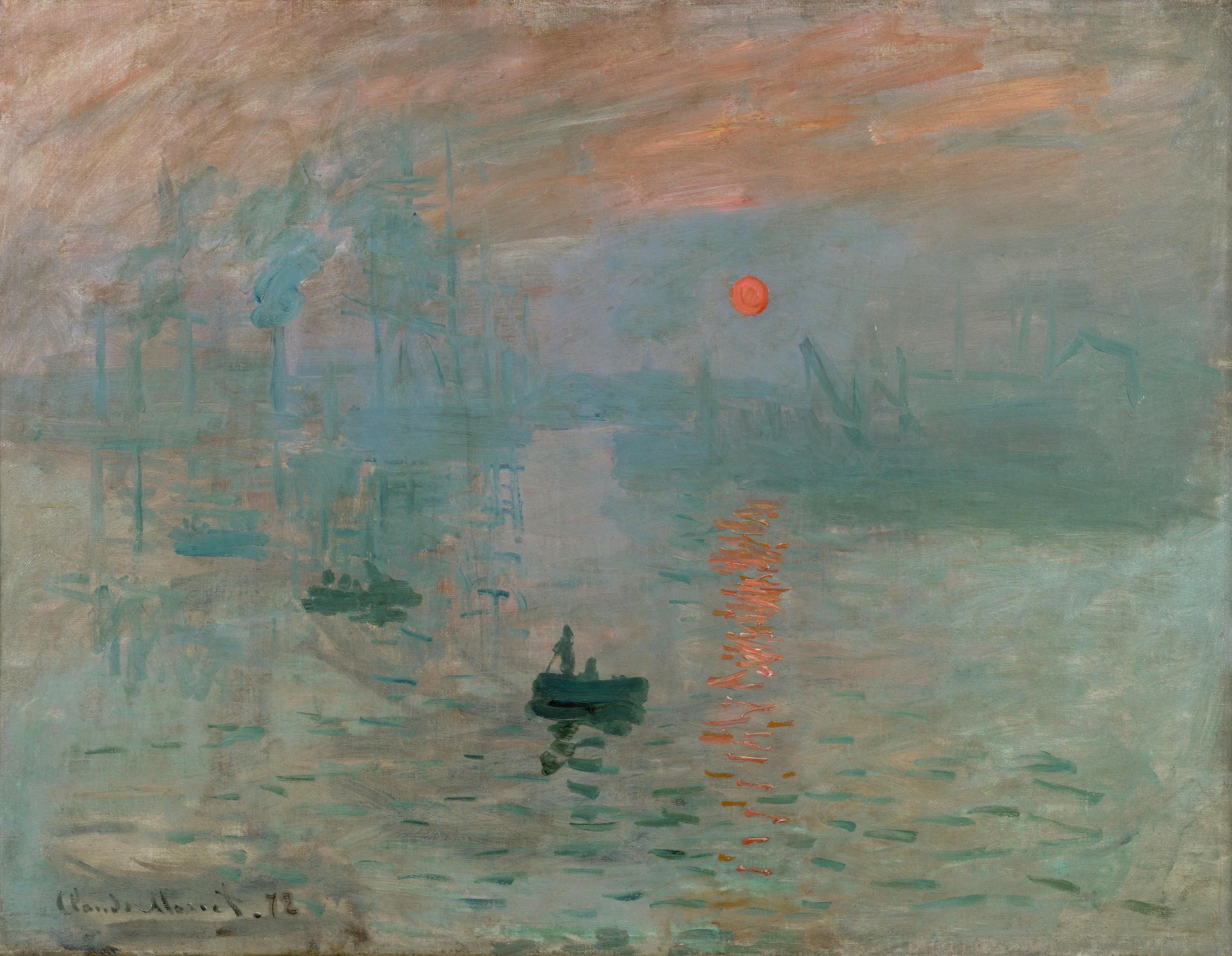 An orange sun over a hazy blue-grey harbor, small boats in the foreground, painted in loose broken strokes