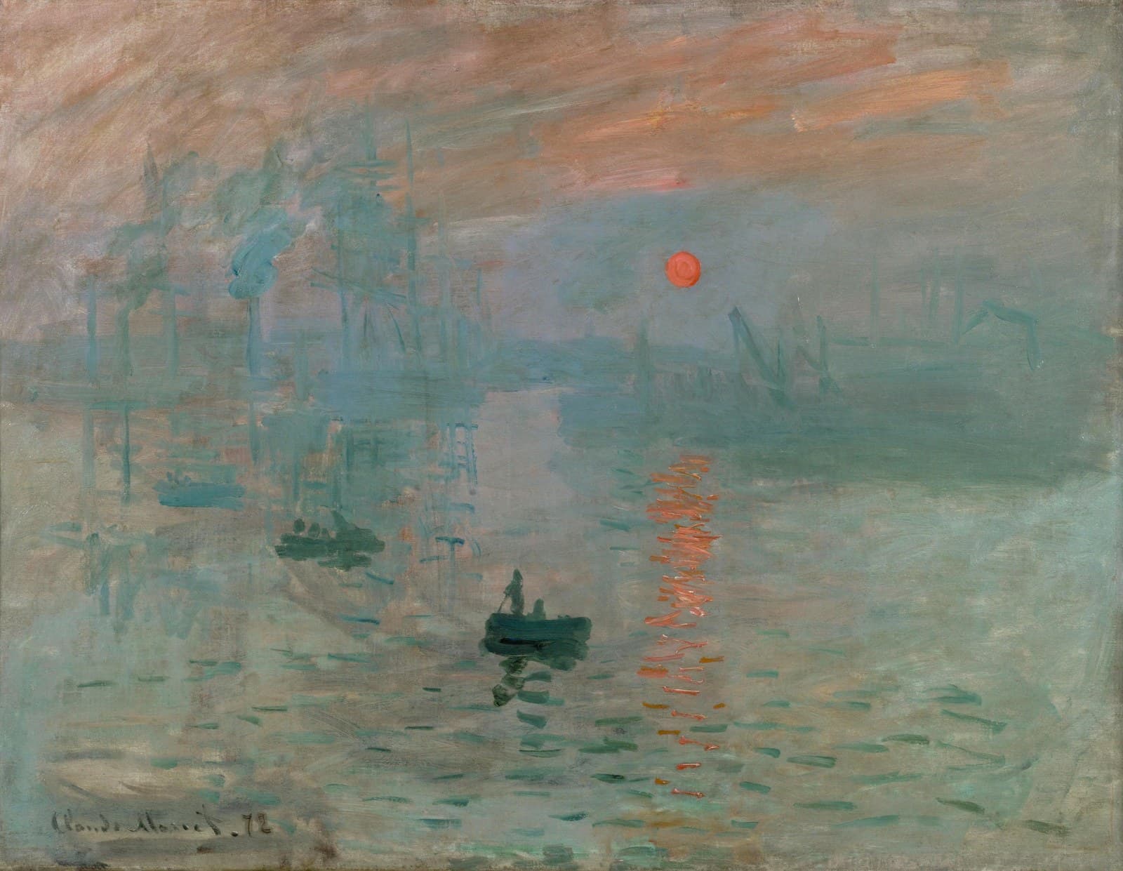 Monet's Impression, Sunrise: a hazy blue-grey harbour at dawn, an orange sun low in the mist, two small rowing boats in the foreground and cranes and masts dissolving behind