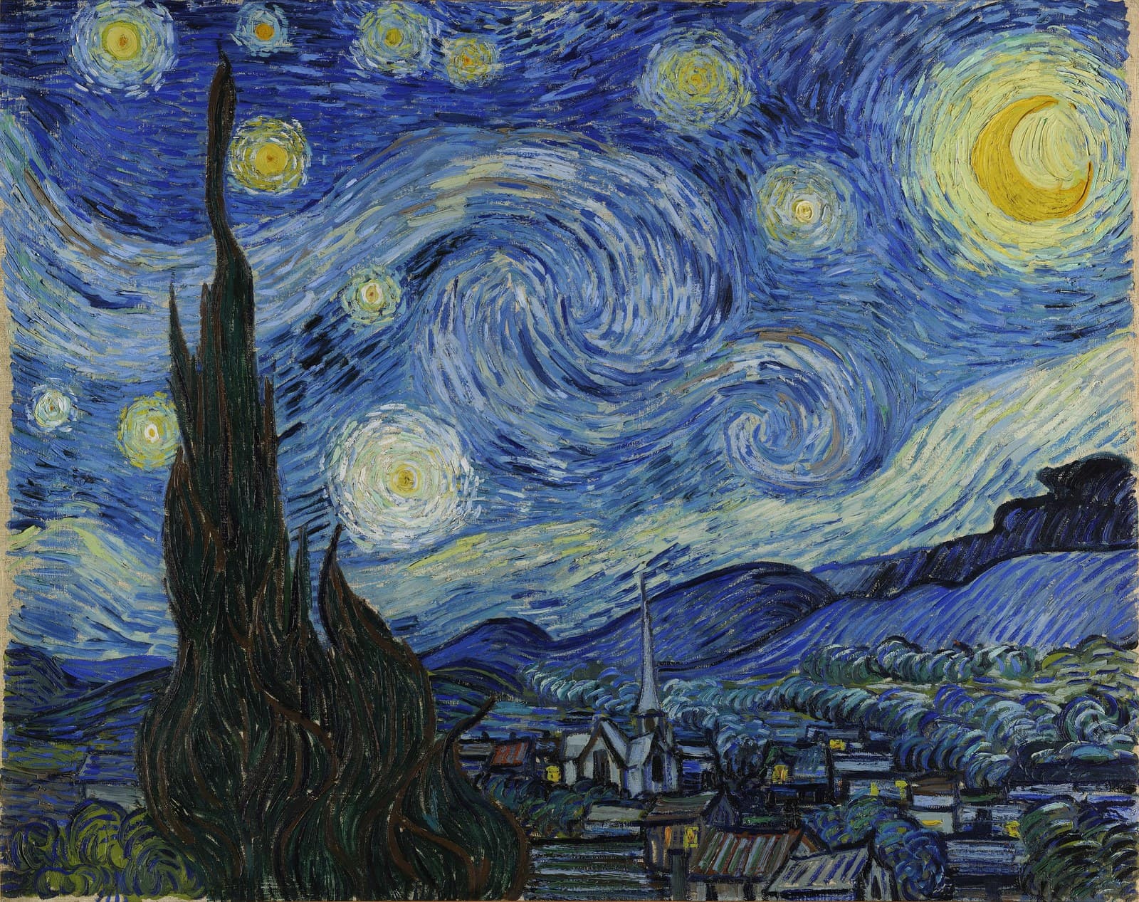 Vincent van Gogh's The Starry Night: a night sky of swirling blue and yellow currents above a sleeping village, with a dark flame-shaped cypress rising at the left and a church spire below