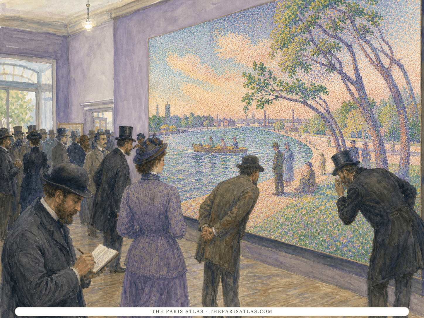 Visitors at an 1886 Paris exhibition step close to and away from a monumental dotted riverside painting while a critic writes in a notebook