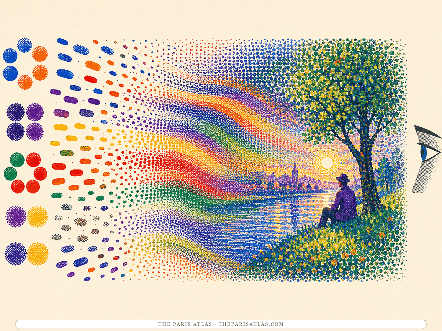 Separate colored dots and dashes flow from enlarged pairs into a luminous riverside scene while a simple eye profile looks across the marks