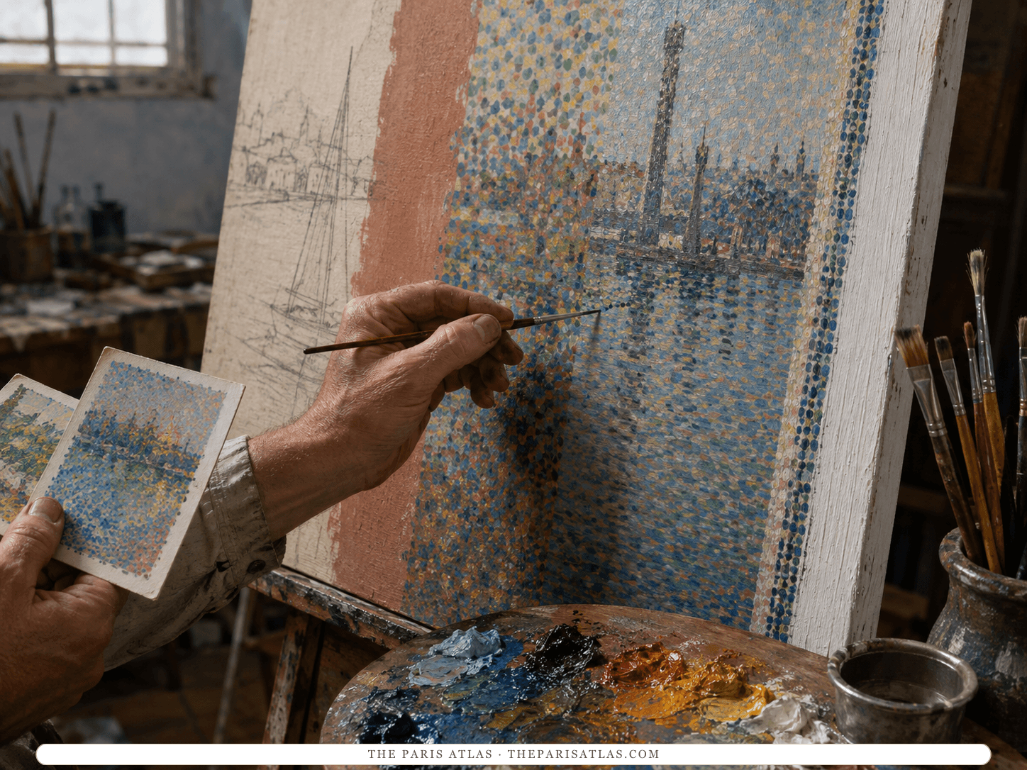 A painter adds small colored marks to a harbor canvas whose unfinished edge reveals underdrawing, a broad first layer, superimposed touches, and a dotted border