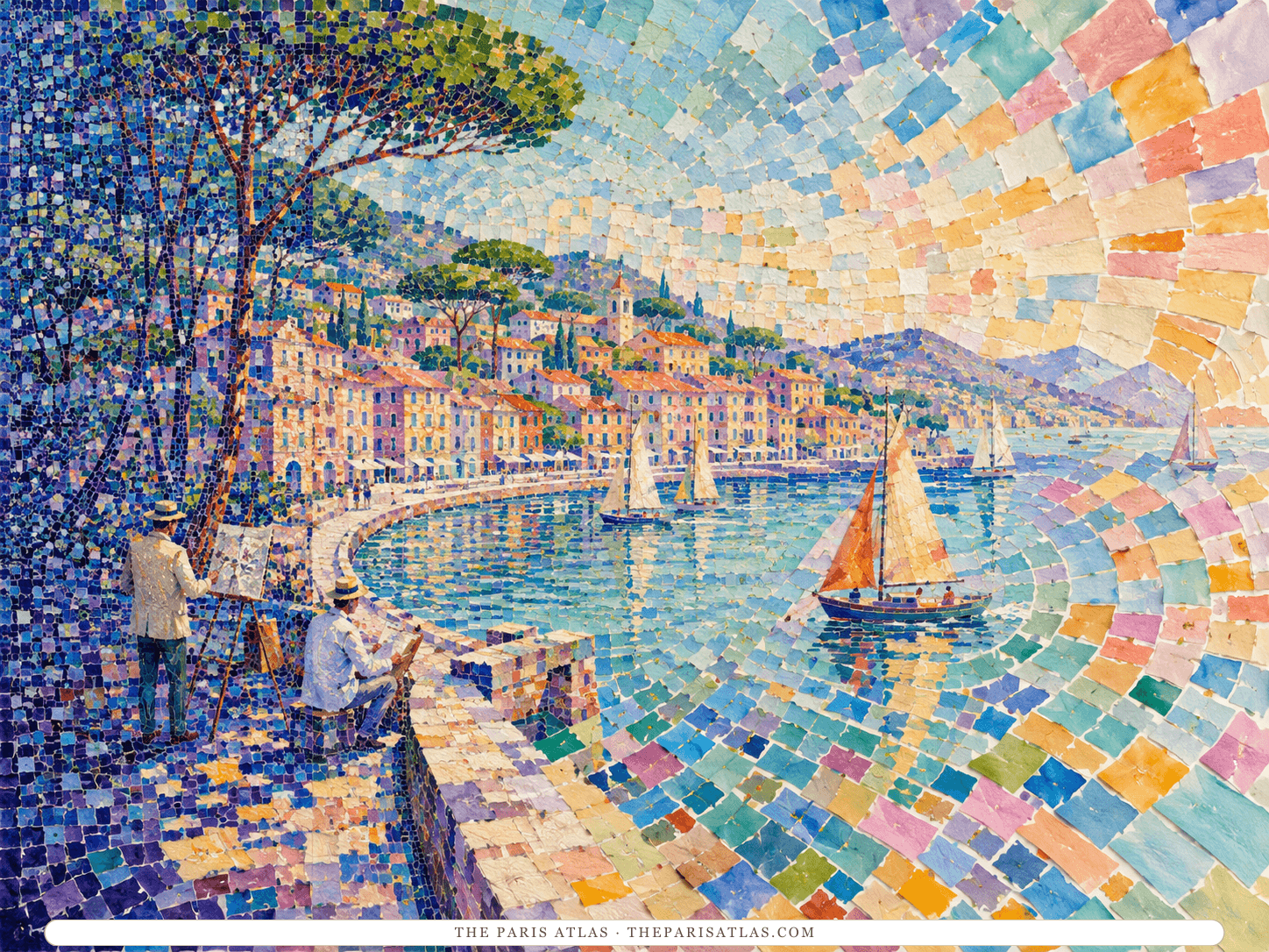 Two painters overlook a Mediterranean harbor where dense blue dots open into broad paper-like squares of turquoise, coral, lavender, and apricot