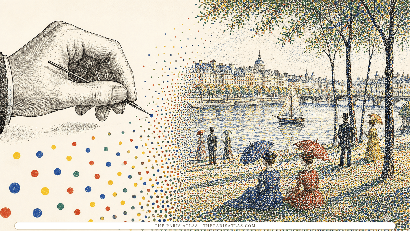 Engraved painter's hand placing a colored dot as separated blue, red, yellow, and green marks resolve into a Seine-side scene with trees, parasols, and a sailboat