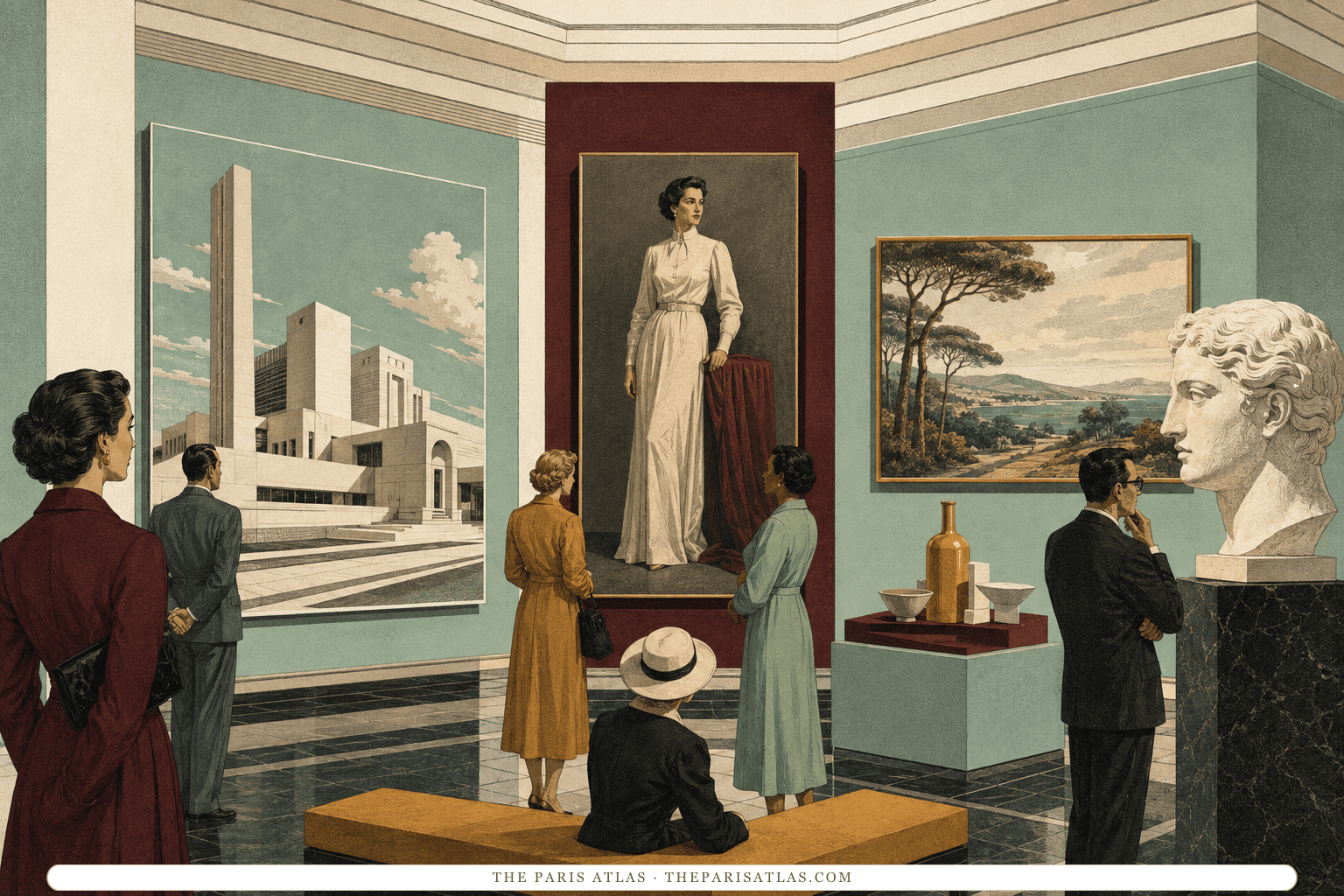 Visitors compare modern architecture, a poised figure, landscape, still life, and carved head in an imagined 1920s exhibition