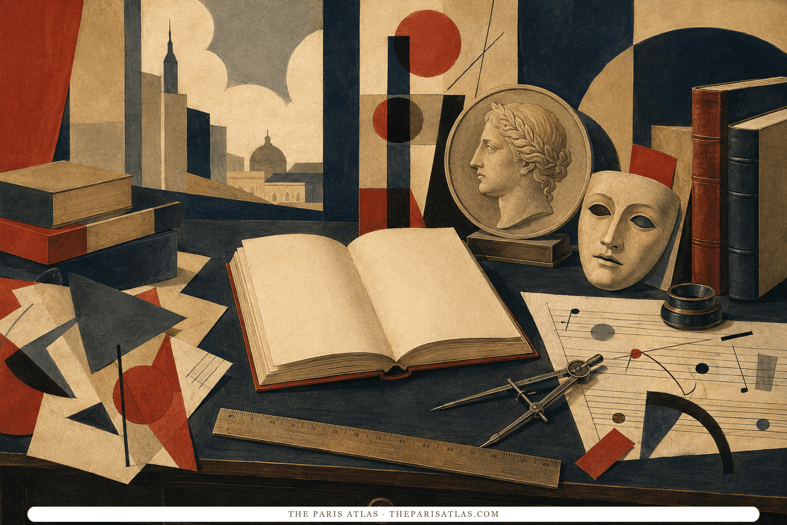 A 1920s desk aligns an open book, compass, ruler, classical medallion, theater mask, and geometric paper fragments