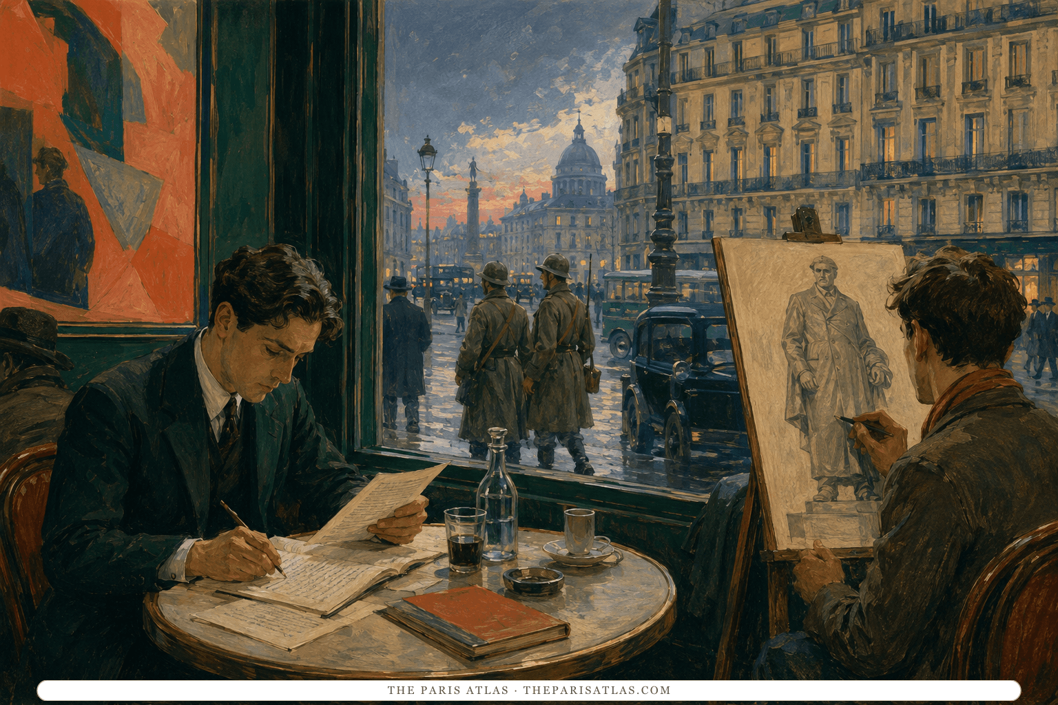 A novelist revises a manuscript beside an artist drawing a monumental figure in a twilight Paris café