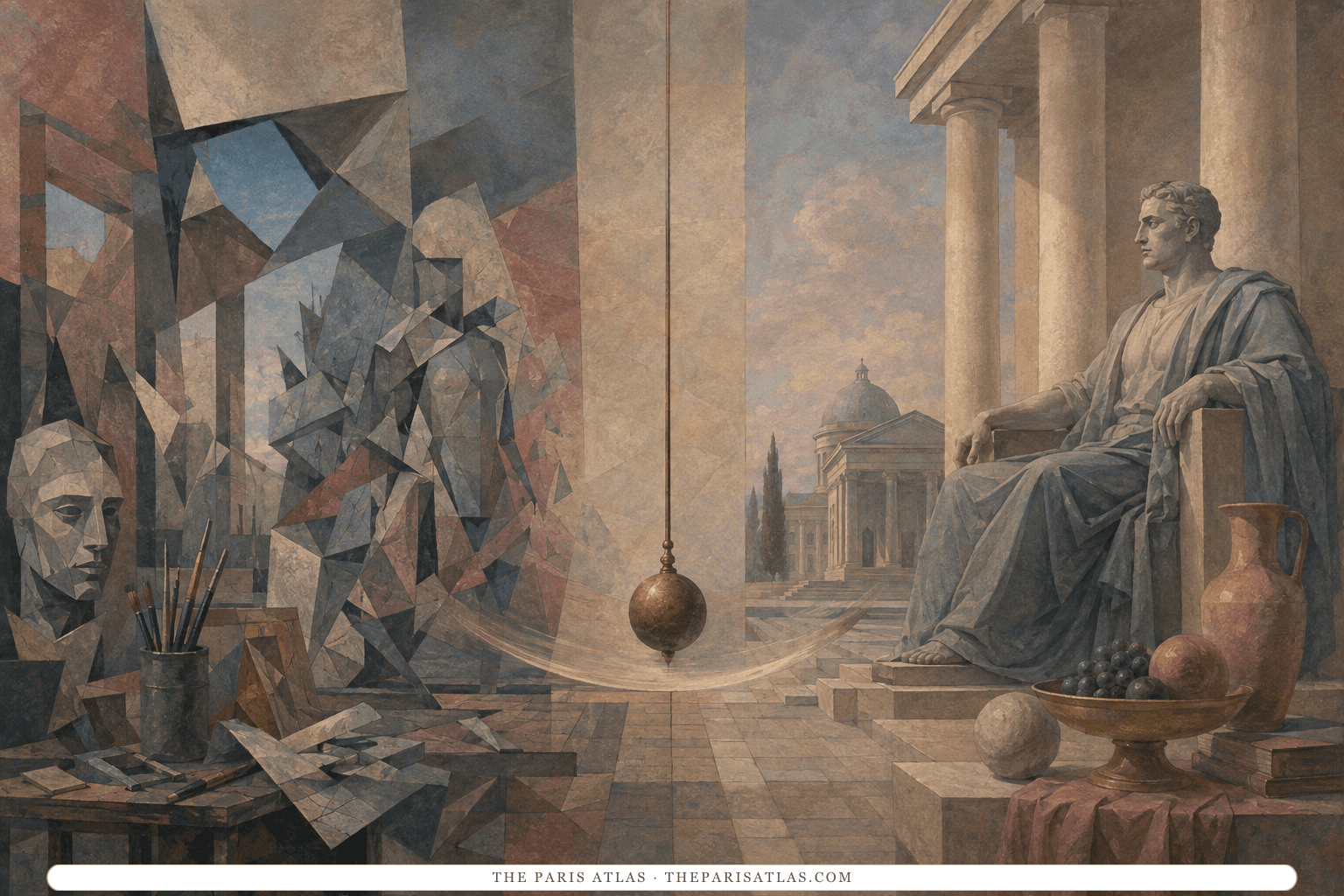 Fractured avant-garde planes settle into columns, balanced still life, and a monumental seated figure