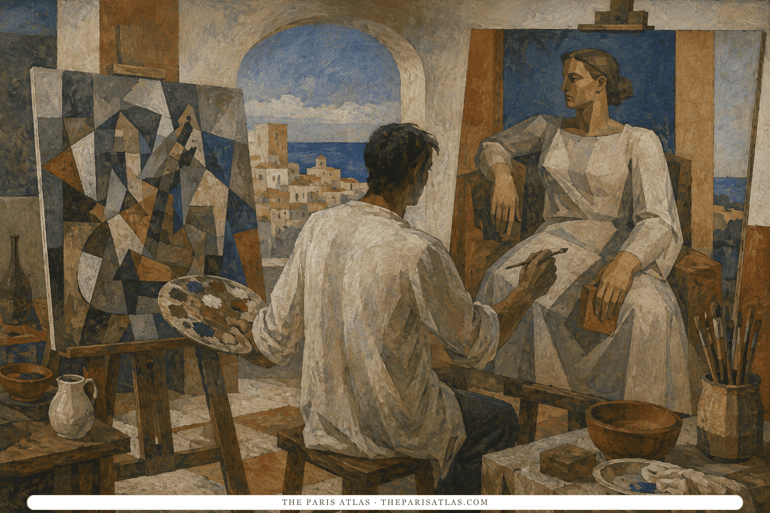 An artist works between a faceted Cubist canvas and a monumental classical figure in a Mediterranean studio