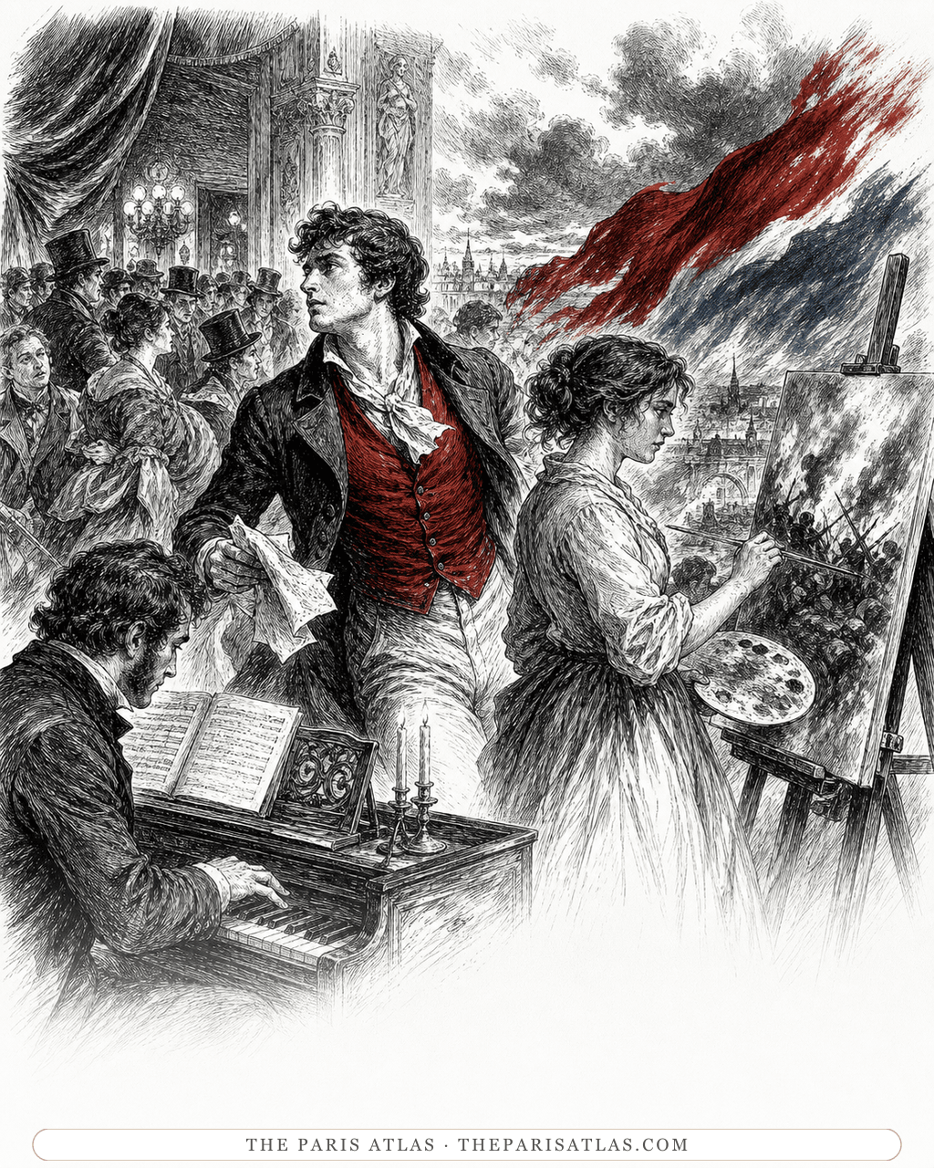Pen-and-ink illustration of a young playwright in a red waistcoat moving through a crowded 1830 Paris theatre foyer while a woman paints and a pianist plays