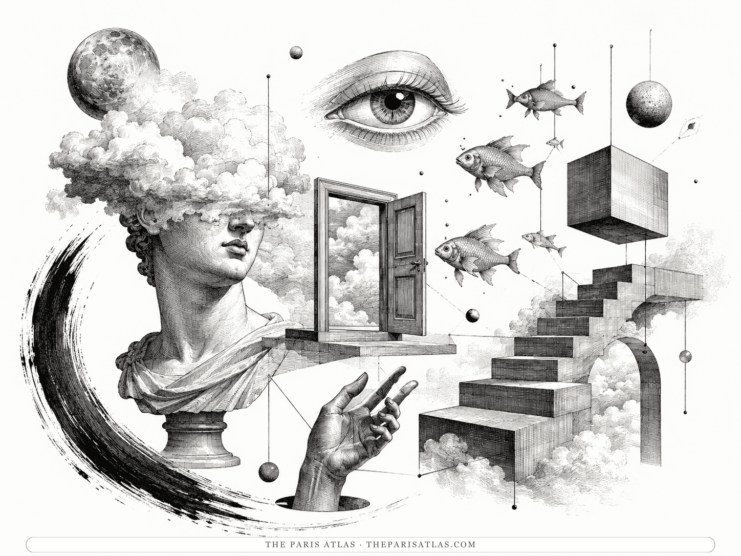 Pen-and-ink dream collage — a classical bust with clouds for eyes, a floating eye, a door opening onto sky, fish swimming through air, and an impossible staircase