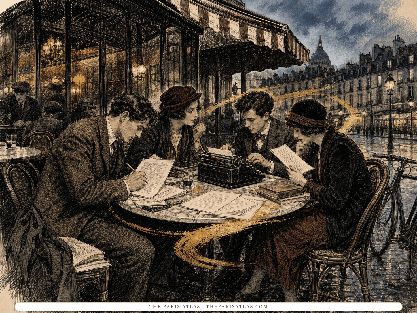 Pen-and-ink illustration of four young writers revising manuscripts around a typewriter at a Paris café in the 1920s