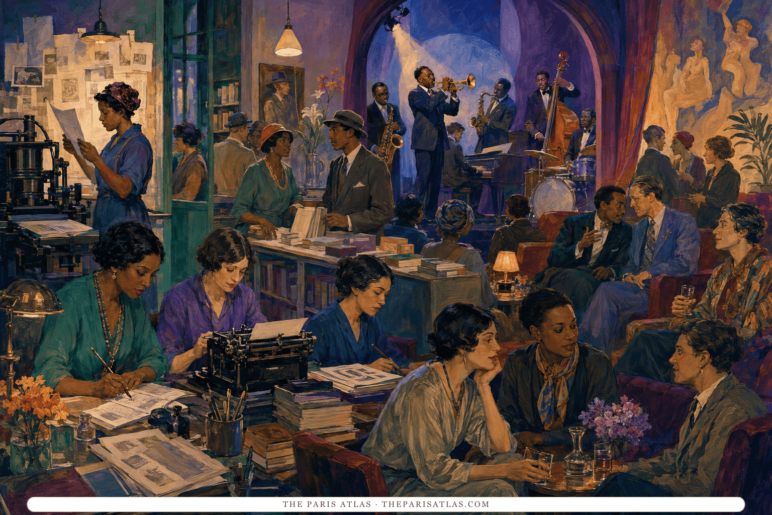 Women edit and print books beside a jazz stage, bookshop, and queer Paris salon in a luminous night scene