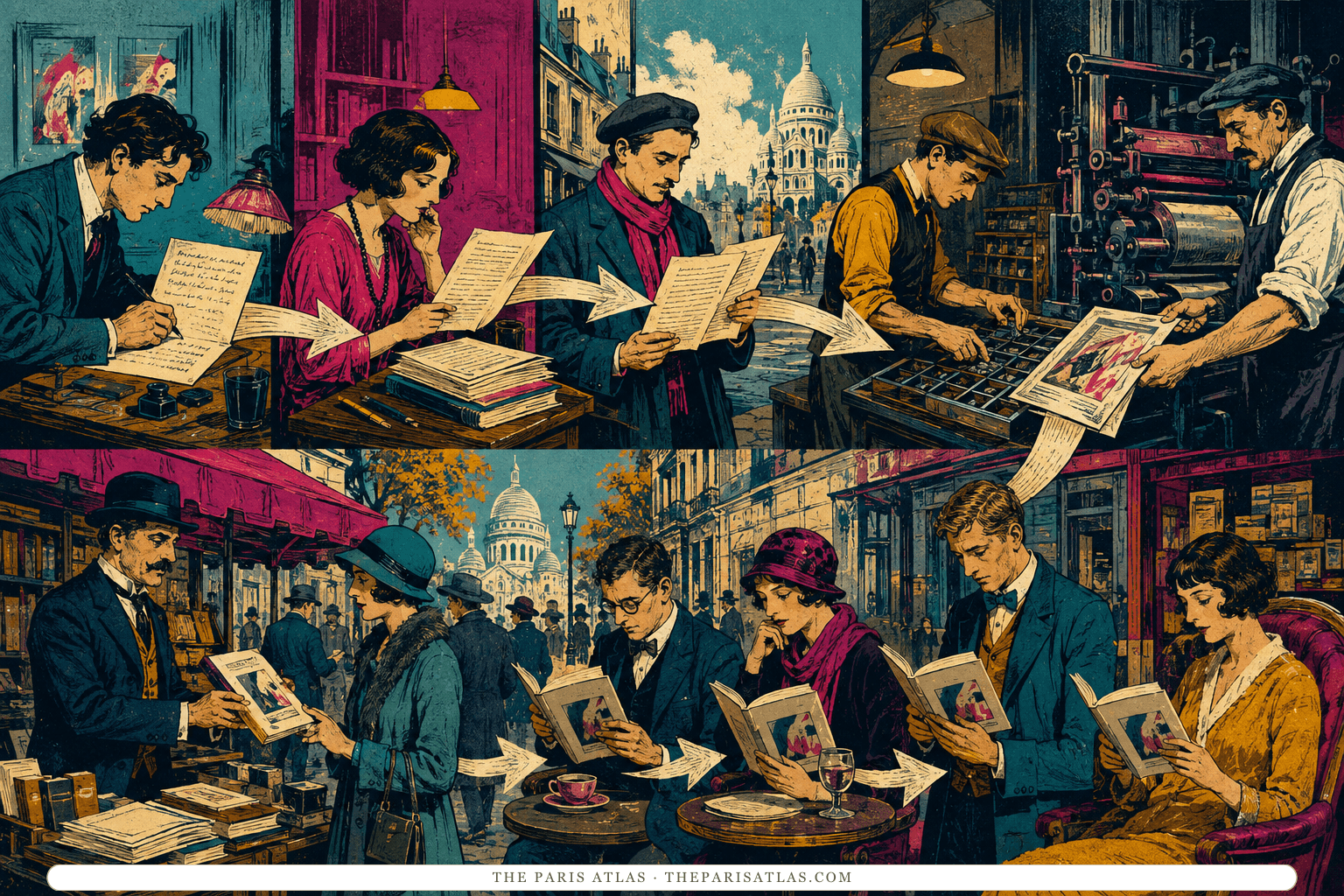 A manuscript travels through the hands of writers, editors, printers, booksellers, and readers across a colorful Paris map