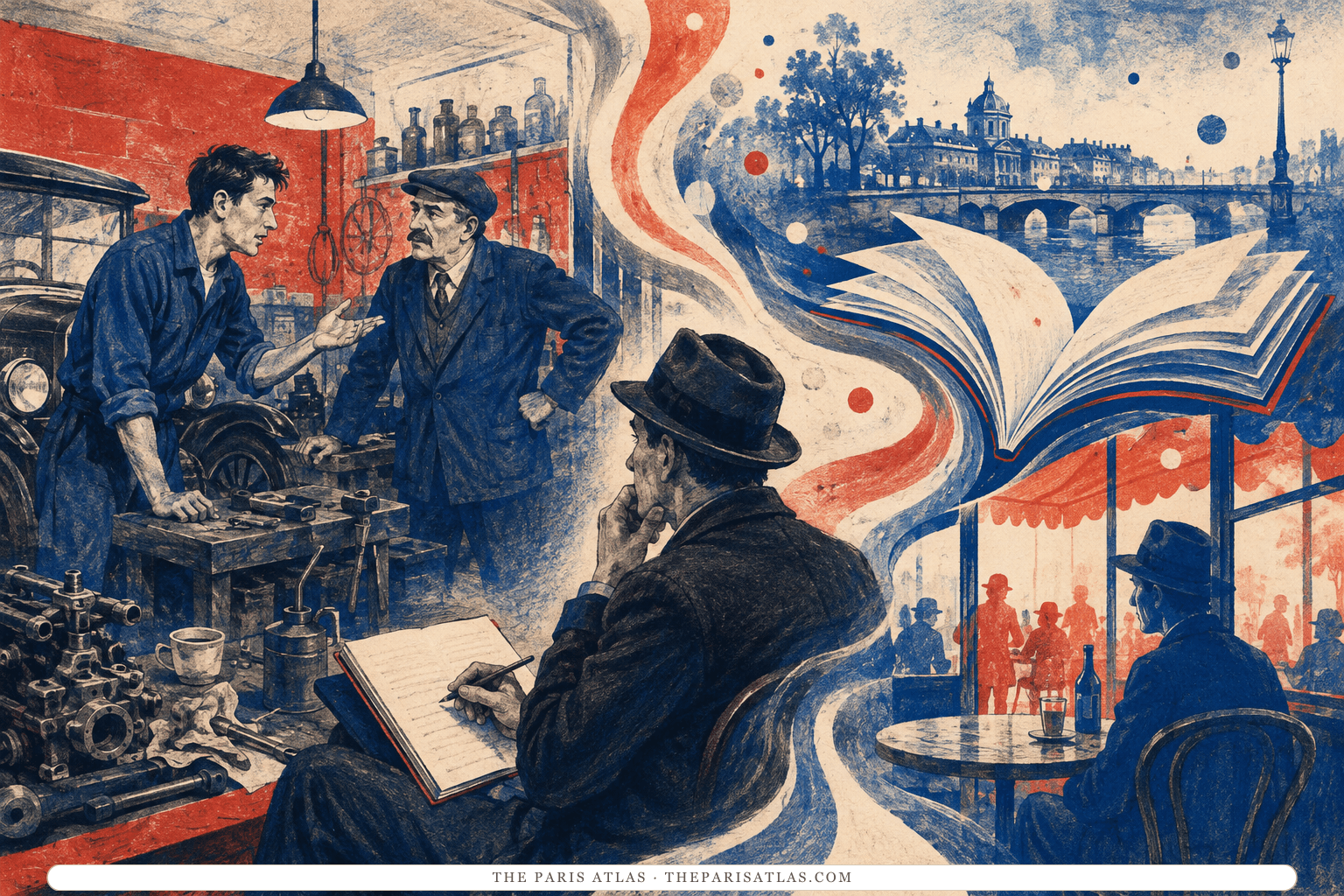 A mechanic and garage proprietor speak beside automobile parts while an observing writer's notebook opens toward a Paris café