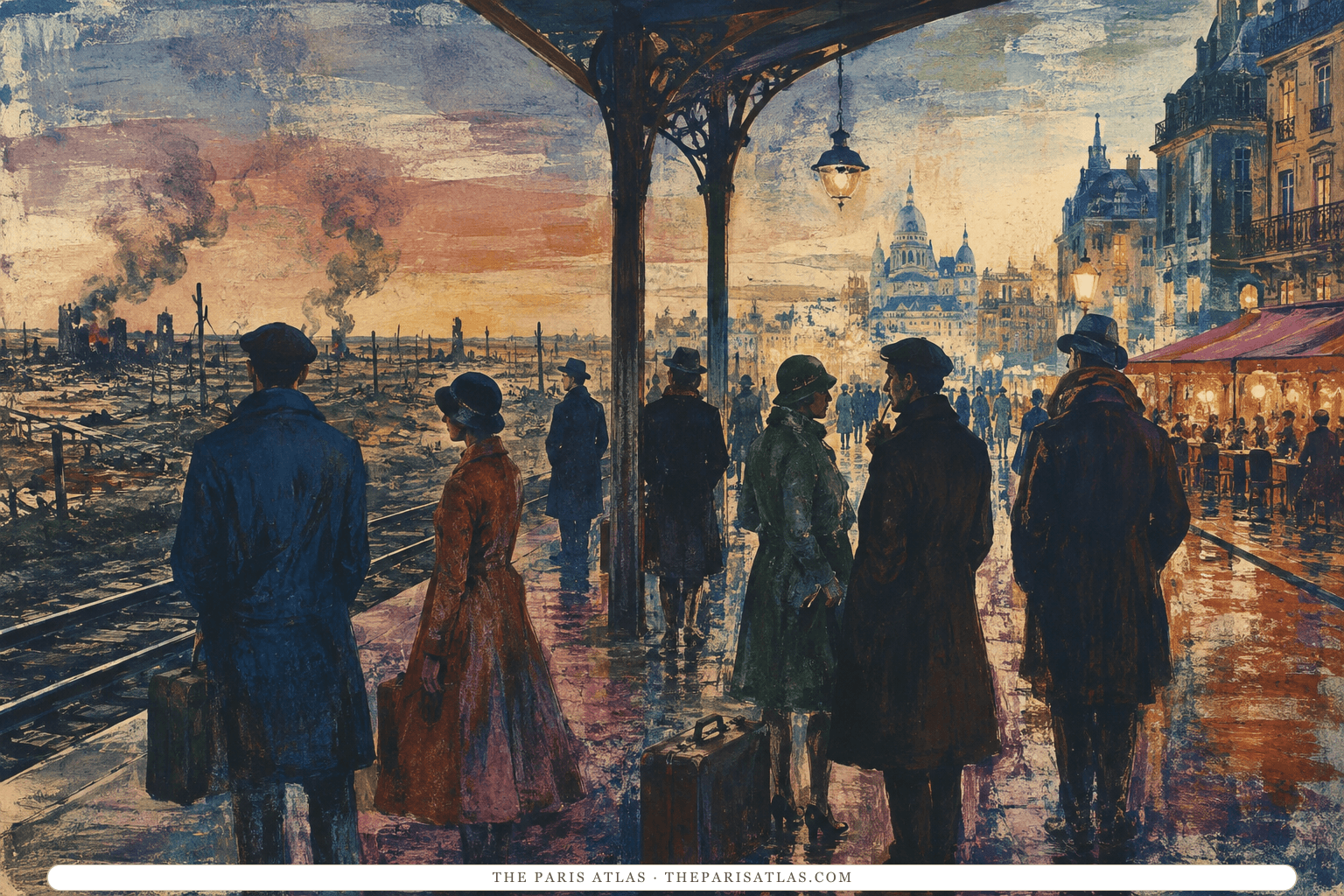 Travelers with luggage stand on a twilight railway platform between a devastated wartime landscape and glowing 1920s Paris cafés