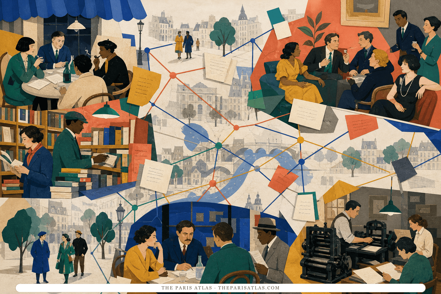 Writers, editors, booksellers, and printers occupy separate Paris rooms connected by colored lines, manuscripts, and streets