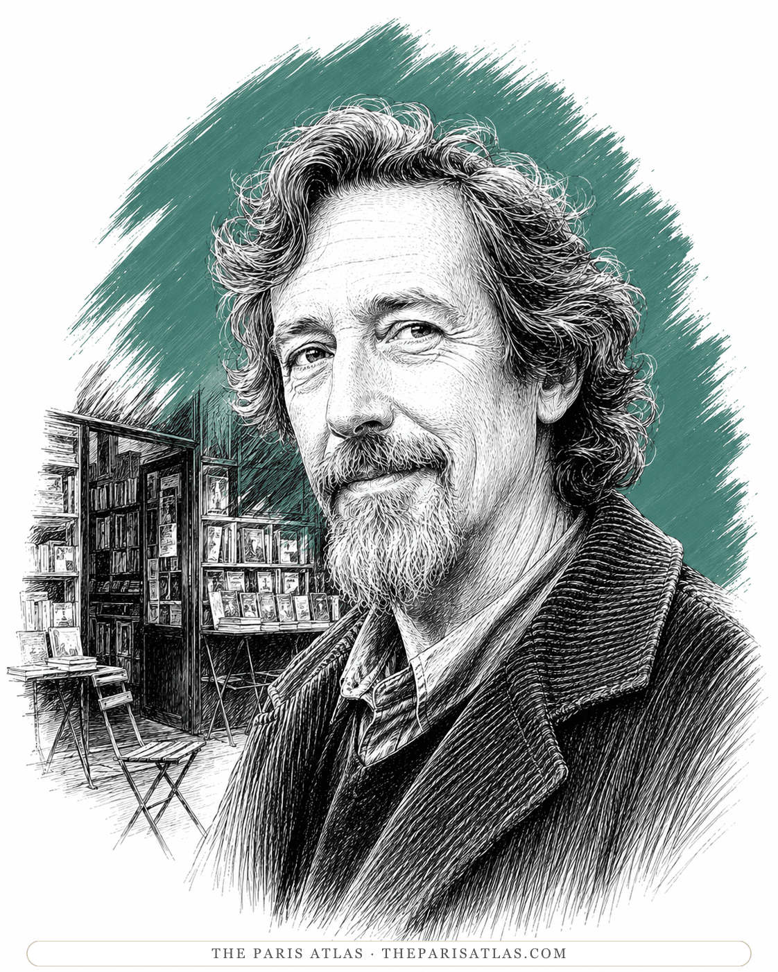 Illustrated portrait of George Whitman