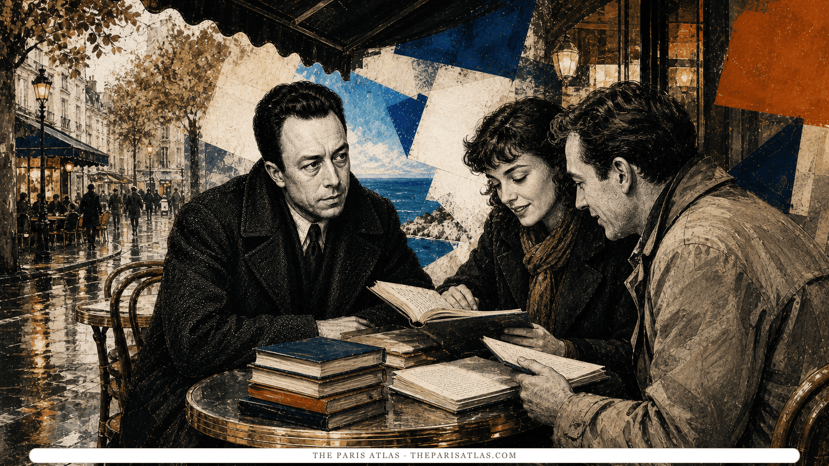 Albert Camus listening to two readers compare books around a café table on a rain-lit Paris terrace.