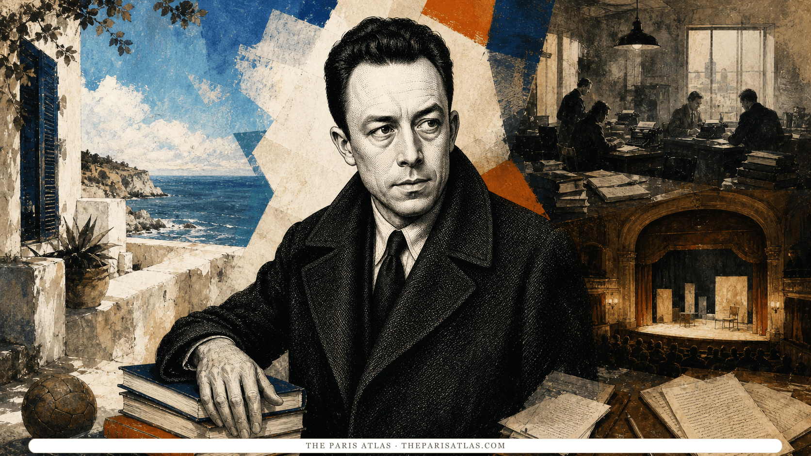 Albert Camus in a high-collared dark overcoat resting one hand on a stack of books between a sunlit Mediterranean terrace, a postwar editorial office, and a theatre stage.