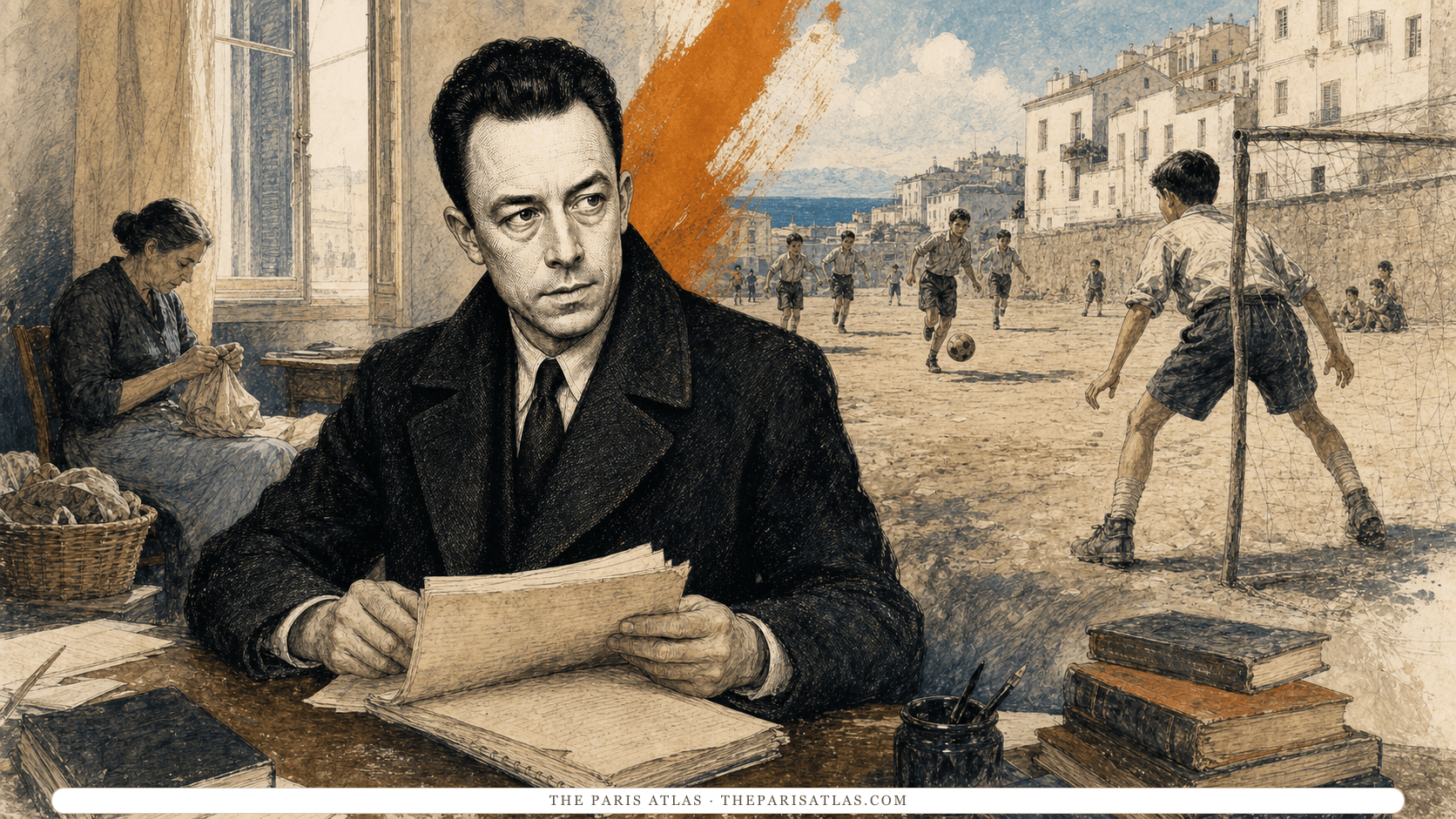 Albert Camus reading old pages at a desk as a woman sews near the window and schoolboys play football in a bright Algiers yard behind him.