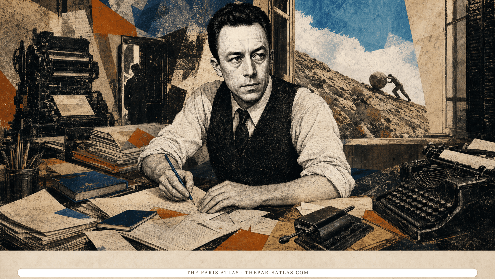 Albert Camus editing page proofs beside a printing press, with a sunlit hillside and a worker pushing a stone visible behind him.