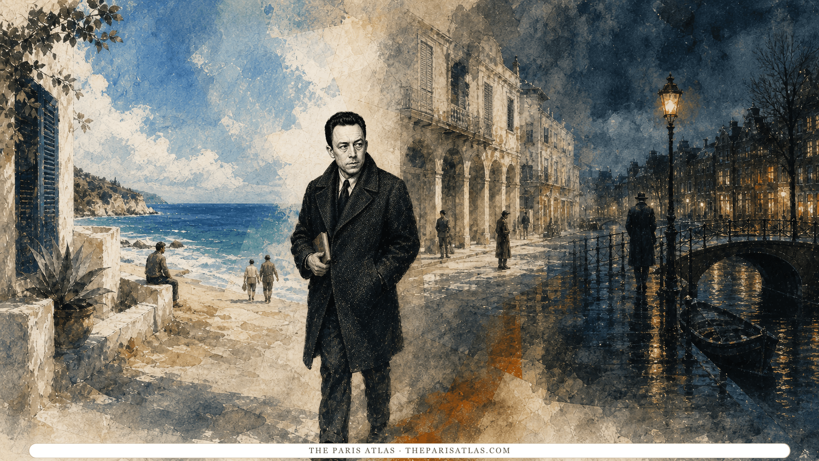 Albert Camus walking through a continuous landscape that moves from a bright Mediterranean coast to shuttered arcades and a rain-lit Amsterdam canal.