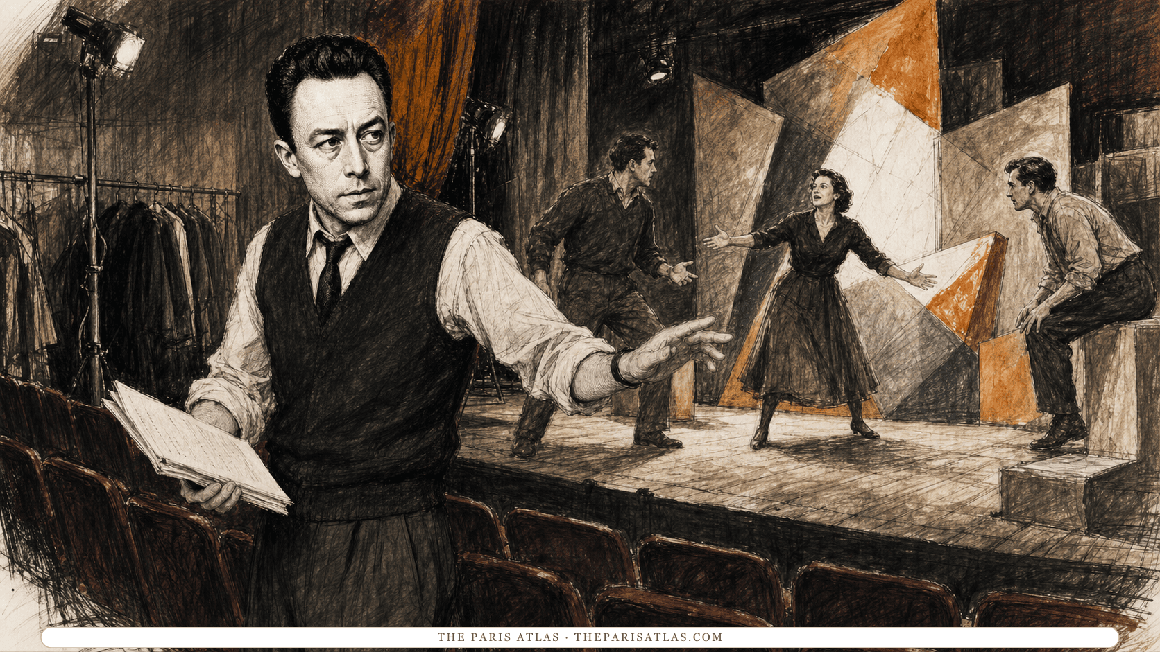 Albert Camus directing three actors during a rehearsal on a geometric set in an empty Paris theatre.