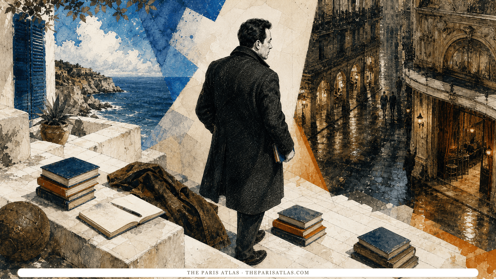 Albert Camus carrying a book down white stone steps lined with unlabelled volumes between a Mediterranean terrace and a rain-dark Paris arcade.