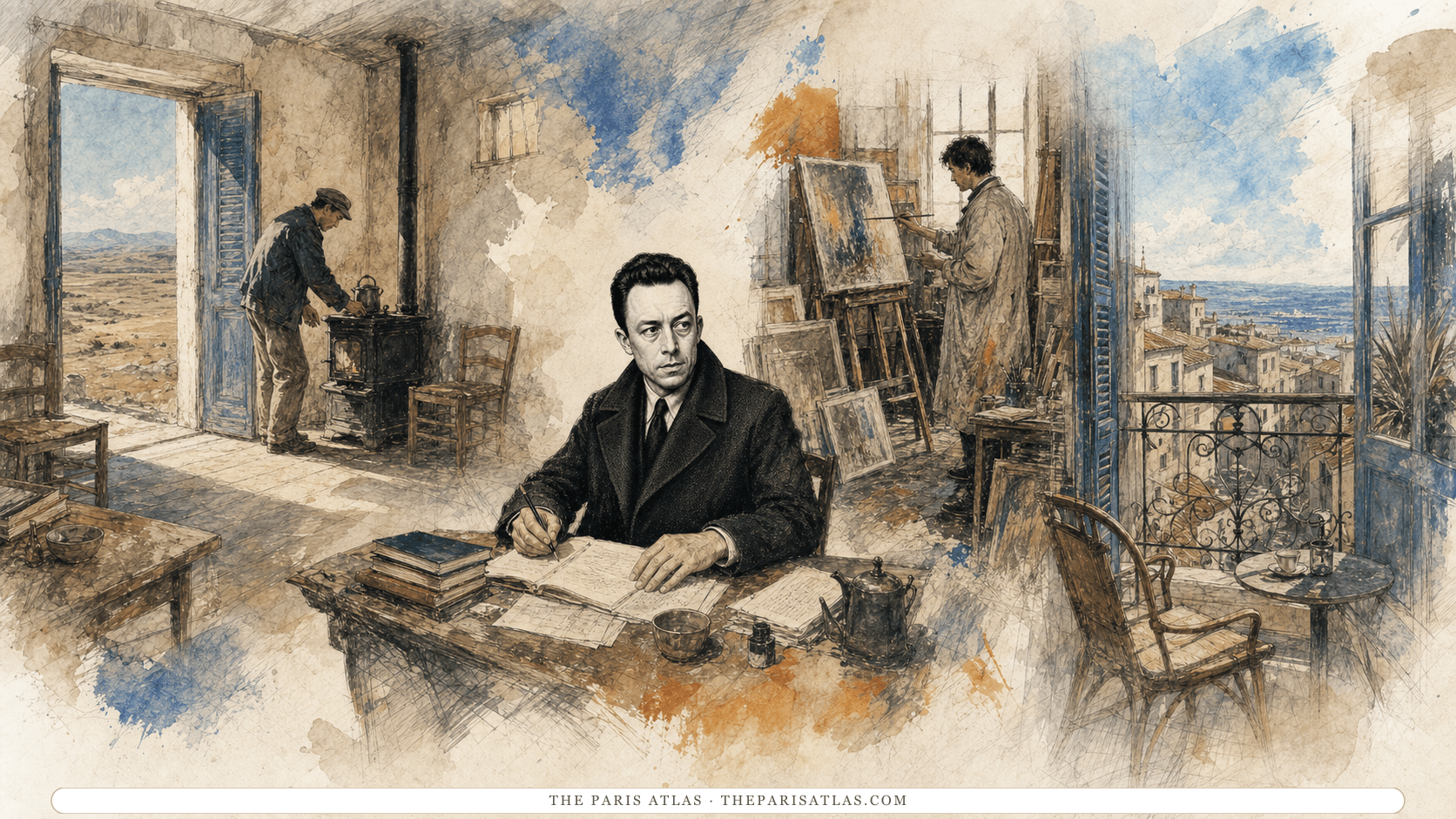 Albert Camus writing at a table between a desert schoolhouse, a painter's studio, and a balcony overlooking a Mediterranean town.