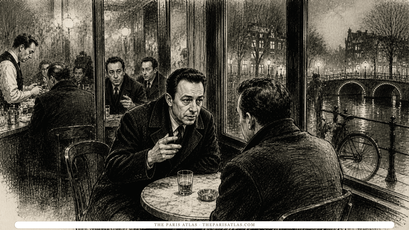 One adult man speaks intensely to another in a mirrored bar beside an Amsterdam canal.