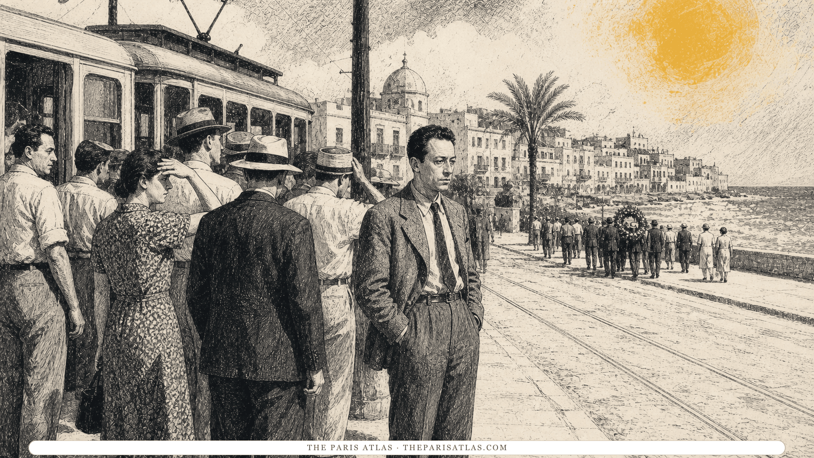 An adult clerk stands apart from commuters at a glaringly bright Algiers seaside tram stop.