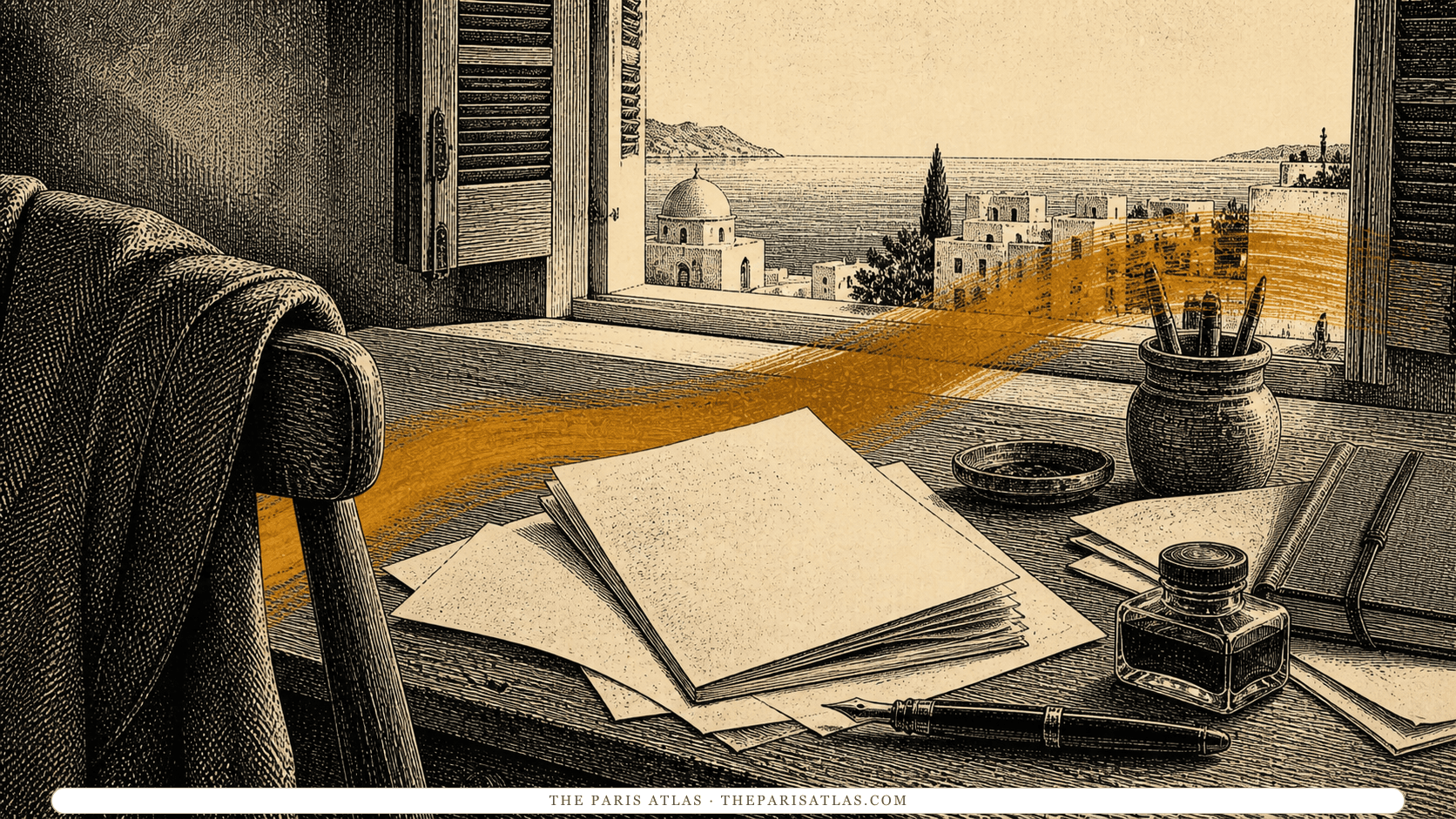 Pen-and-ink illustration of manuscript pages and a writing desk overlooking the Mediterranean