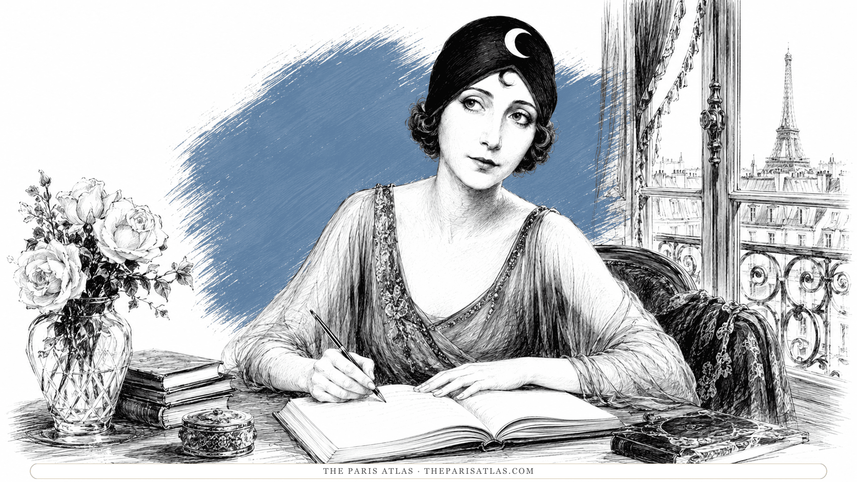Anaïs Nin in a crescent-moon turban writing in an open journal at a desk beside a tall window, white roses in a cut-glass vase at her elbow and a Paris balcony with the Eiffel Tower beyond the glass.