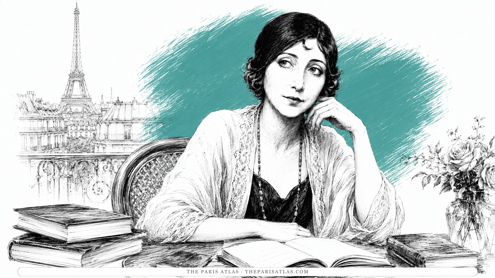 Anaïs Nin seated at a café chair with her chin resting on one hand, an open book on the table in front of her, a lace wrap over a dark slip, and the Eiffel Tower and a wrought-iron balcony behind her.