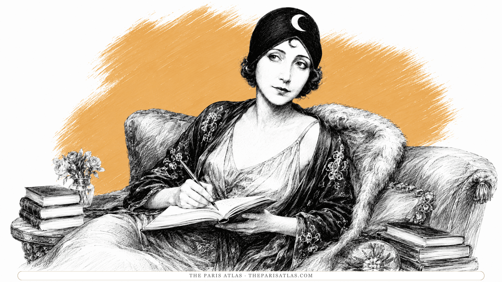 Anaïs Nin in a crescent-moon turban reclining on a chaise longue with a fur throw, writing in an open journal held on her lap, stacks of books and a small vase of roses on the table beside her.