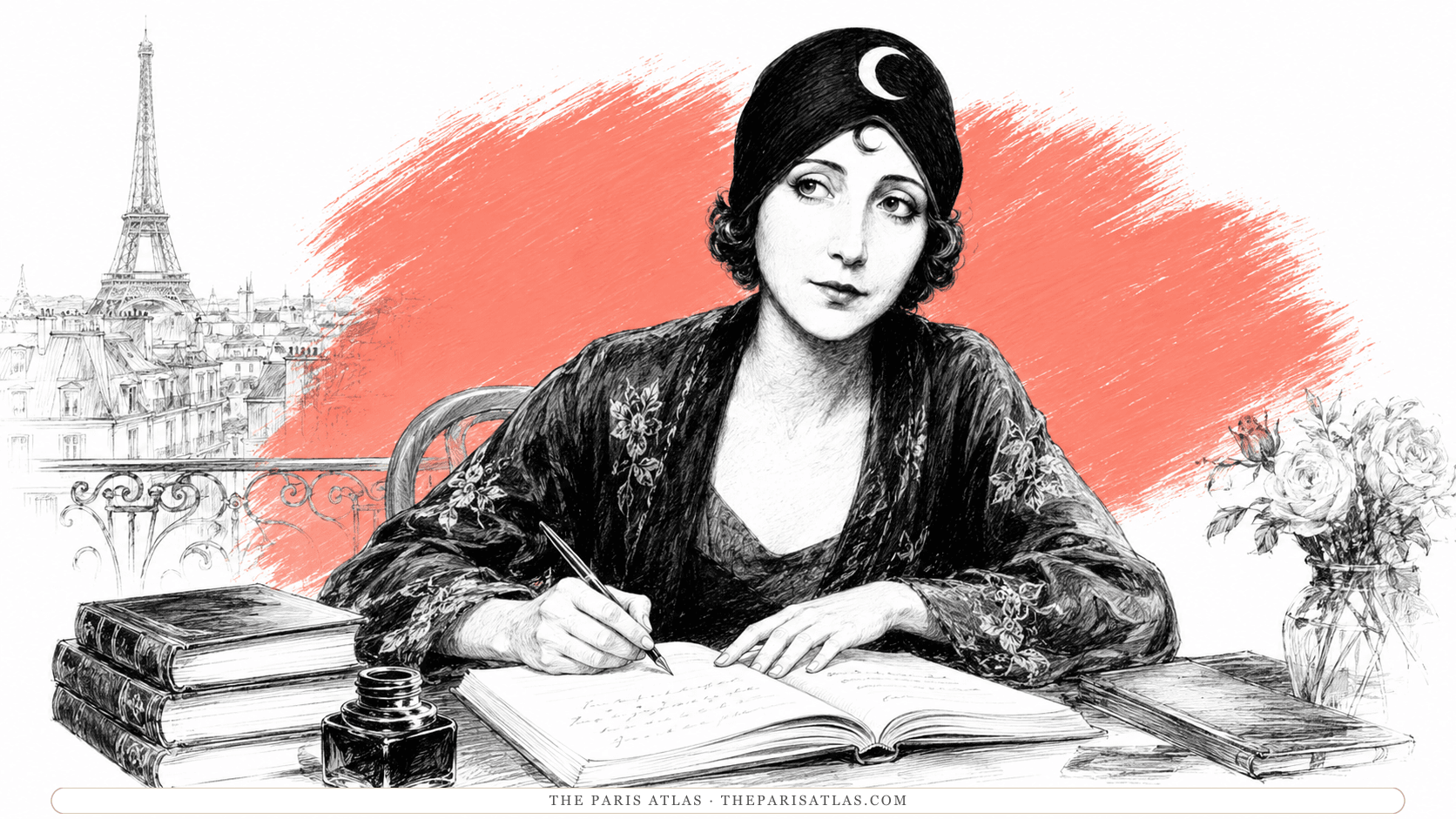 Anaïs Nin in a crescent-moon turban and embroidered robe writing a handwritten page in an open journal at a desk, an inkwell and stacked books beside her and the Eiffel Tower over a balcony behind.