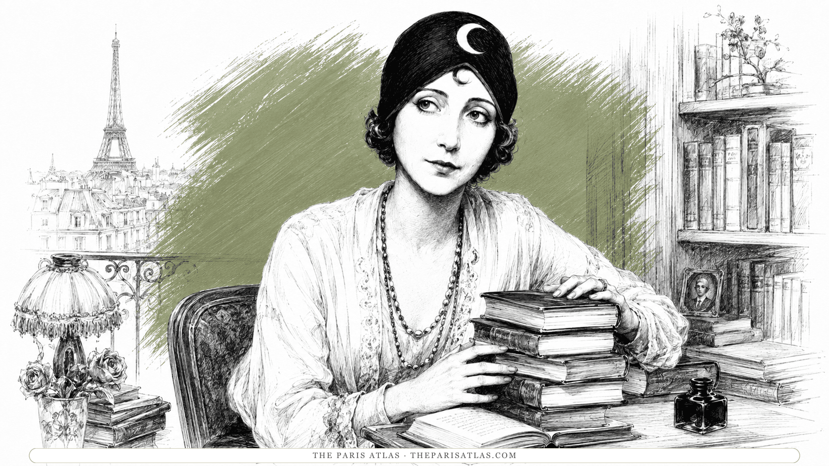 Anaïs Nin in a crescent-moon turban resting a hand on a tall stack of books at a desk, library shelves and a framed portrait behind her, an inkwell at the right and the Eiffel Tower through the window at the left.